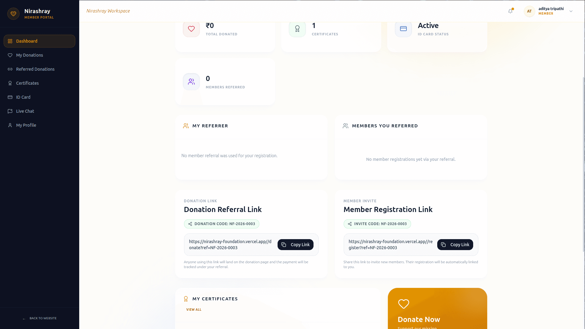 Nirashray member dashboard