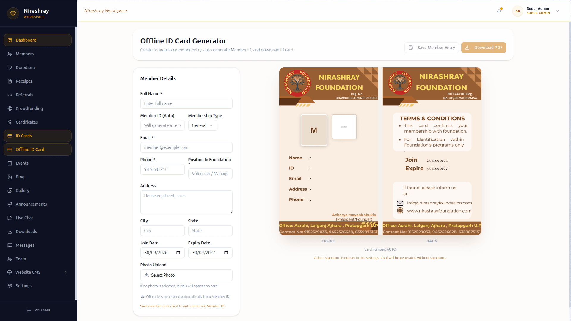 Generated member ID card (redacted)